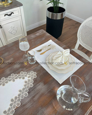 Fonya Design Table Runner, Placemat, and Napkin Sets - 37 Pieces - Off White Fabric and Gold Lace