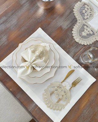 Nida Design Table Runner, Placemat, and Napkin Sets - 37 Pieces - Off White Fabric and Gold Lace