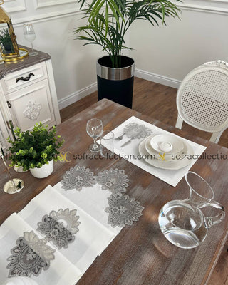 Shahmaran Design Table Runner and Placemat Sets - 13 Pieces - Off White Fabric and Silver Lace