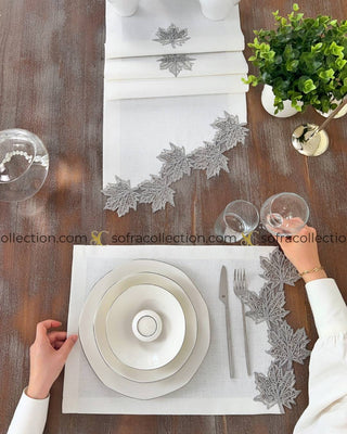 Autumn Design Table Runner and Placemat Sets - 13 Pieces - Off White Fabric and Silver Lace