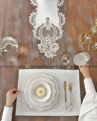 Zahira Design Table Runner and Placemat Sets - 13 Pieces - Off White Fabric and Silver Lace