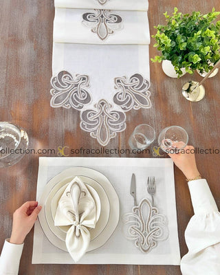 Viento Design Table Runner, Placemat, and Napkin Sets - 37 Pieces - Off White Fabric and Cream Lace