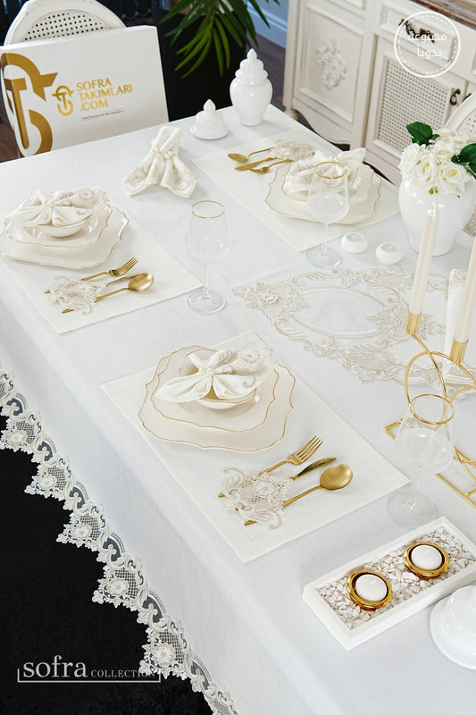 طقم مفارش سفرة كامل مزين بدانتيل ذهبى - موديل فيكتوريا  – ٣٨ قطعة – ١٢ شخص - قماش كتان مقاوم للبقع