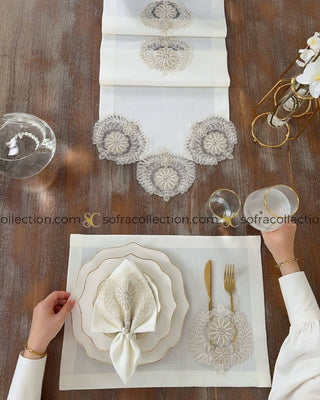 Helen Design Table Runner, Placemat, and Napkin Sets - 37 Pieces - Off White Fabric and Gold Lace