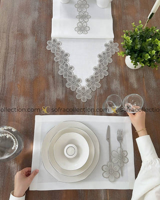 Fonya Design Table Runner and Placemat Sets - 13 Pieces - Off White Fabric and Silver Lace