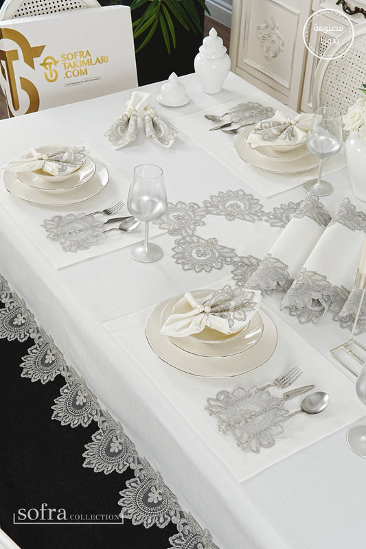 طقم مفارش سفرة كامل مزين بدانتيل رمادى - موديل شاهمران  – ٣٨ قطعة – ١٢ شخص - قماش كتان مقاوم للبقع