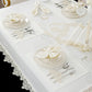 طقم مفارش سفرة كامل مزين بدانتيل اوف وايت - موديل فينتاج  – ٣٨ قطعة – ١٢ شخص - قماش كتان مقاوم للبقع