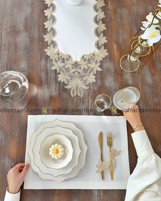 Dina Design Table Runner and Placemat Sets - 13 Pieces - Off White Fabric and Gold Lace