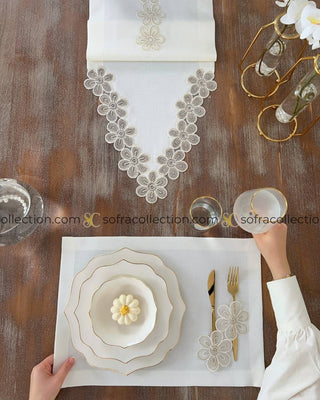 Fonya Design Table Runner and Placemat Sets - 13 Pieces - Off White Fabric and Gold Lace