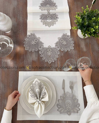 Shahmaran Design Table Runner, Placemat, and Napkin Sets - 37 Pieces - Off White Fabric and Silver Lace