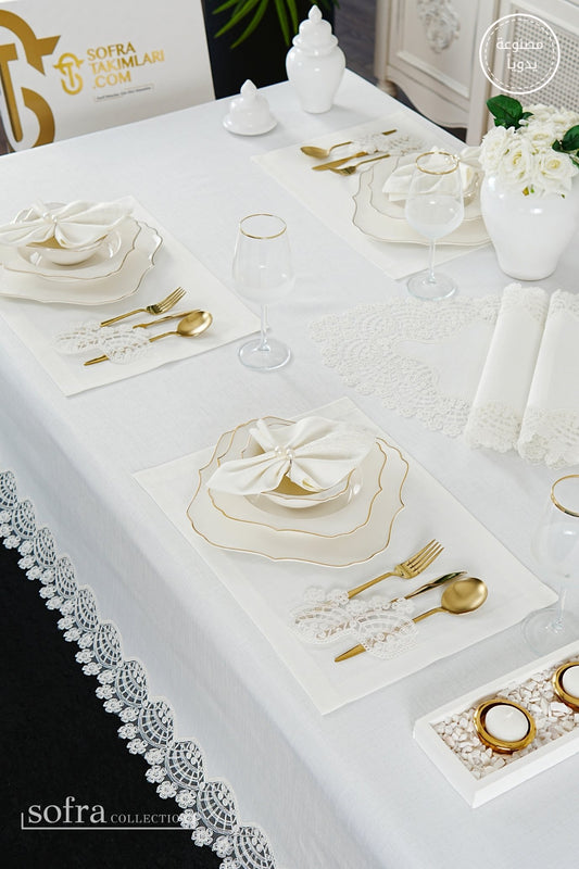 طقم مفارش سفرة كامل مزين بدانتيل اوف وايت - موديل سيفدا  – ٣٨ قطعة – ١٢ شخص - قماش كتان مقاوم للبقع