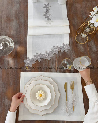 Zenya Design Table Runner and Placemat Sets - 13 Pieces - Off White Fabric and Lace