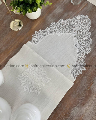 Mona Design Table Runner, Placemat, and Napkin Sets - 37 Pieces - Shine Stone Fabric and Off White Lace