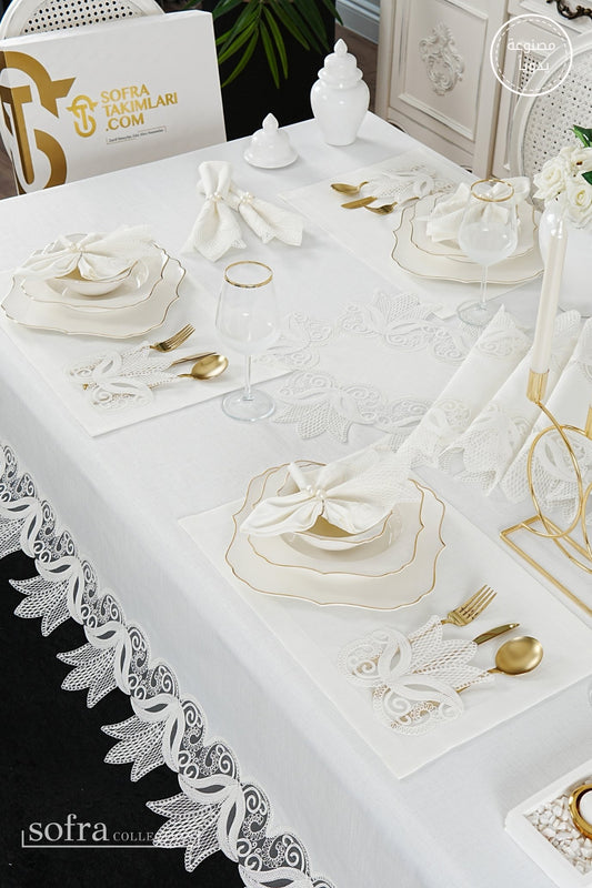 طقم مفارش سفرة كامل مزين بدانتيل اوف وايت - موديل لالى  – ٣٨ قطعة – ١٢ شخص - قماش كتان مقاوم للبقع