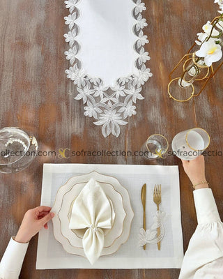 Dina Design Table Runner, Placemat, and Napkin Sets - 37 Pieces - Off White Fabric and Lace