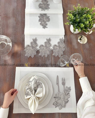 Zoya Design Table Runner, Placemat, and Napkin Sets - 37 Pieces - Off White Fabric and Silver Lace