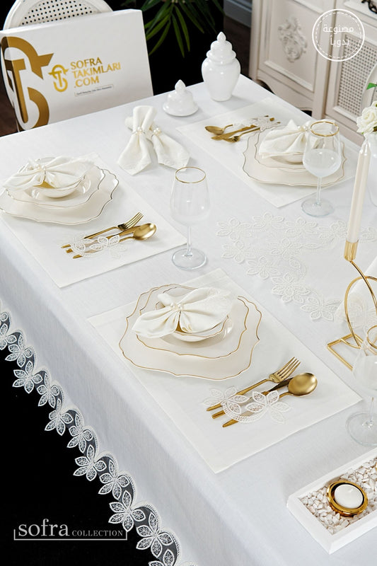 طقم مفارش سفرة كامل مزين بدانتيل اوف وايت - موديل مانوليا  – ٣٨ قطعة – ١٢ شخص - قماش كتان مقاوم للبقع