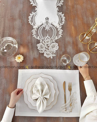 Zahira Design Table Runner, Placemat, and Napkin Sets - 37 Pieces - Off White Fabric and Silver Lace