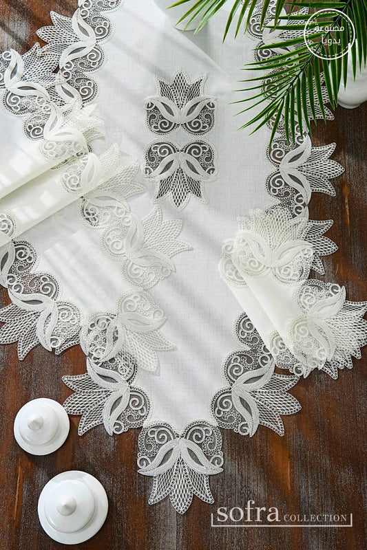 طقم مفارش صالون ٥ قطع مزين بدانتيل اوف وايت – موديل لالى - قماش كتان فاخر مقاوم للبقع