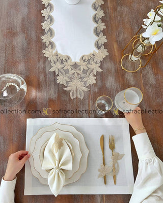 Dina Design Table Runner, Placemat, and Napkin Sets - 37 Pieces - Off White Fabric and Gold Lace