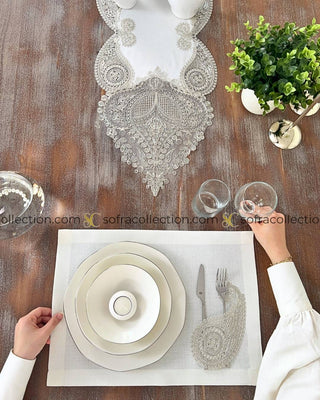 Salkim Design Table Runner and Placemat Sets - 13 Pieces - Off White Fabric and Platinum Lace