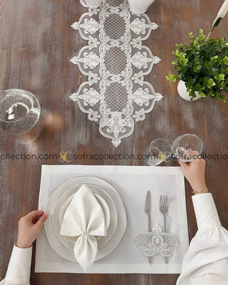 Garden Design Table Runner, Placemat, and Napkin Sets - 37 Pieces - Off White Fabric and Silver Lace