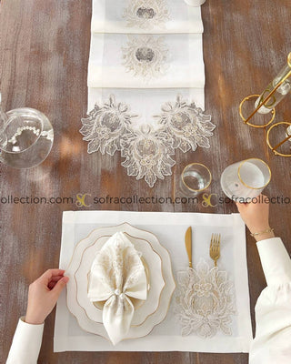 Taj Mahal Design Table Runner, Placemat, and Napkin Sets - 37 Pieces - Off White Fabric and Gold Lace