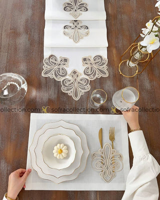 Viento Design Table Runner and Placemat Sets - 13 Pieces - Off White Fabric and Gold Lace