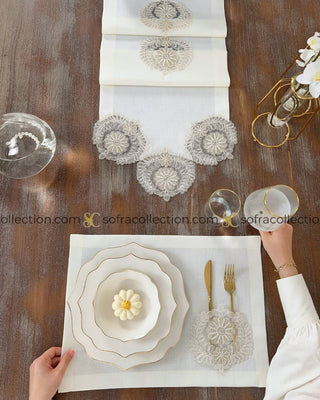 Helen Design Table Runner and Placemat Sets - 13 Pieces - Off White Fabric and Gold Lace