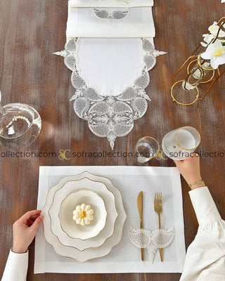 Ela Design Table Runner and Placemat Sets - 13 Pieces - Off White Fabric and Lace