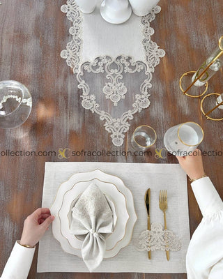 Vintage Design Table Runner, Placemat, and Napkin Sets - 37 Pieces - Shine Stone Fabric and Off White Lace