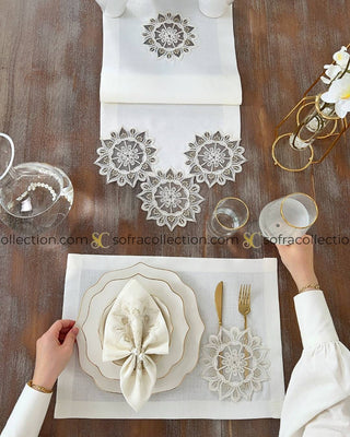 Gunes Design Table Runner, Placemat, and Napkin Sets - 37 Pieces - Off White Fabric and Gold Lace