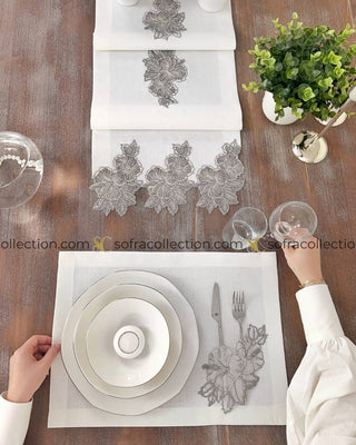 Zoya Design Table Runner and Placemat Sets - 13 Pieces - Off White Fabric and Silver Lace