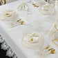 طقم مفارش سفرة كامل مزين بدانتيل ذهبى واوف وايت - موديل تاج محل  – ٣٨ قطعة – ١٢ شخص - قماش كتان مقاوم للبقع