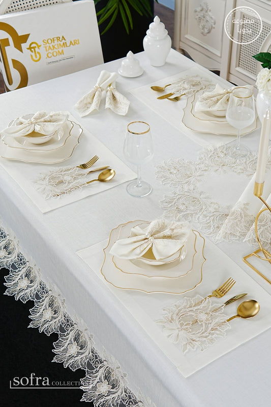 طقم مفارش سفرة كامل مزين بدانتيل ذهبى واوف وايت - موديل تاج محل  – ٣٨ قطعة – ١٢ شخص - قماش كتان مقاوم للبقع