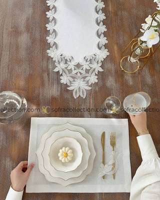 Dina Design Table Runner and Placemat Sets - 13 Pieces - Off White Fabric and Lace