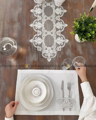 Garden Design Table Runner and Placemat Sets - 13 Pieces - Off White Fabric and Silver Lace