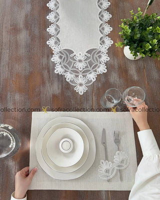 Sofia Design Table Runner and Placemat Sets - 13 Pieces - Shine Stone Fabric and Off White Lace