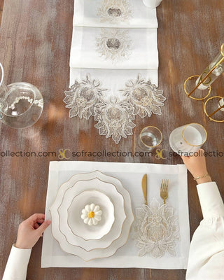 Taj Mahal Design Table Runner and Placemat Sets - 13 Pieces - Off White Fabric and Gold Lace