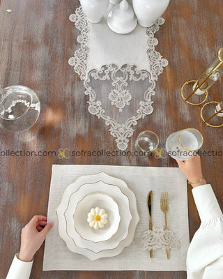 Vintage Design Table Runner and Placemat Sets - 13 Pieces - Stone Fabric and Off White Lace