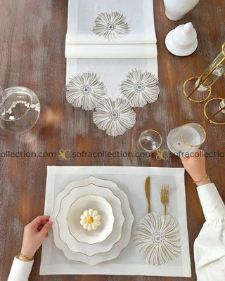 Delina Design Table Runner and Placemat Sets - 13 Pieces - Off White Fabric and Gold Lace