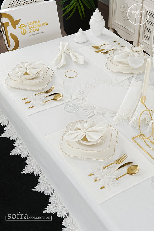 طقم مفارش سفرة كامل مزين بدانتيل اوف وايت - موديل ديدم  – ٣٨ قطعة – ١٢ شخص - قماش كتان مقاوم للبقع