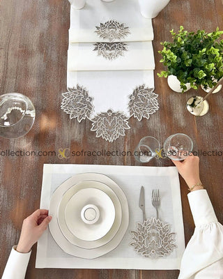 Pera Design Table Runner and Placemat Sets - 13 Pieces - Off White Fabric and Brown Lace