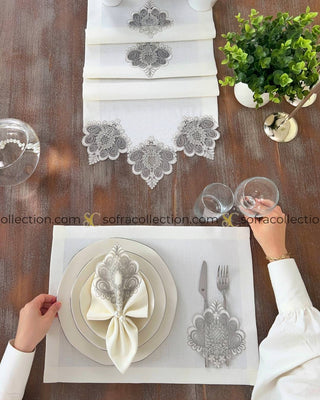 Valent Design Table Runner, Placemat, and Napkin Sets - 37 Pieces - Off White Fabric and Silver Lace