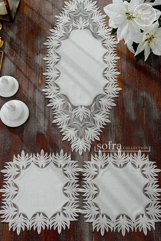 طقم مفارش ٣ قطع مزين بدانتيل اوف وايت – موديل هنزاده - قماش كتان فاخر مقاوم للبقع