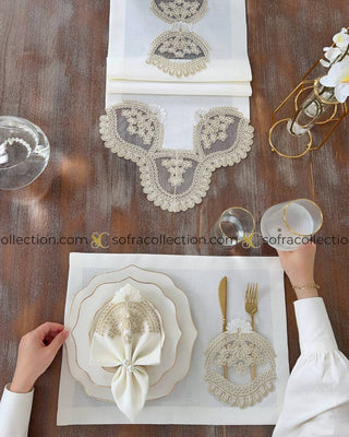 Nida Design Table Runner, Placemat, and Napkin Sets - 37 Pieces - Off White Fabric and Gold Lace