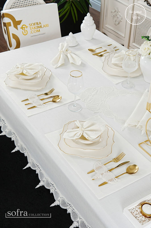 طقم مفارش سفرة كامل مزين بدانتيل اوف وايت - موديل ايلا  – ٣٨ قطعة – ١٢ شخص - قماش كتان مقاوم للبقع