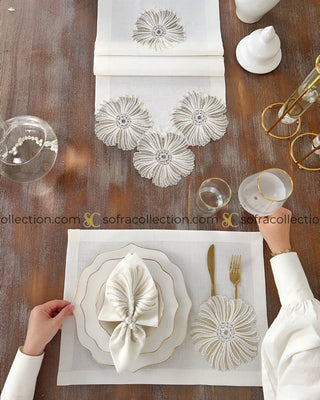 Delina Design Table Runner, Placemat, and Napkin Sets - 37 Pieces - Off White Fabric and Gold Lace