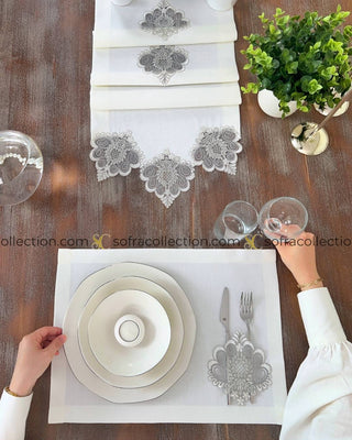 Valent Design Table Runner and Placemat Sets - 13 Pieces - Off White Fabric and Silver Lace