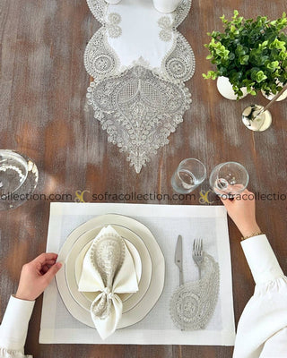 Salkim Design Table Runner, Placemat, and Napkin Sets - 37 Pieces - Off White Fabric and Platinum Lace